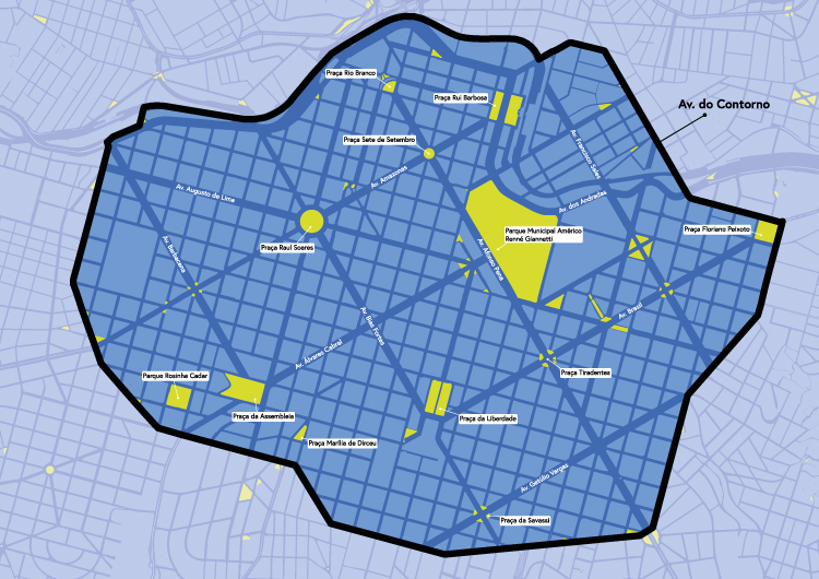 Ilustração de um mapa que abrange a Avenida do Contorno, em Belo Horizonte, local onde estão situados os equipamentos do circuito liberdade. O mapa é azul e, em amarelo, estão destacadas as praças e parques que estão na região. A Avenida do Contorno é destacada com uma borda preta.